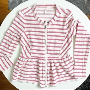 Free People Stripe Peplum Zip Up Crewneck Jacket Cream Red Size XS